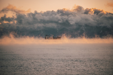 Naklejka na ściany i meble Duluth Minnesota Sea Fog & Boat in Distance 