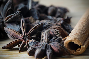 Spices image of cinnamon, star anise, clove
