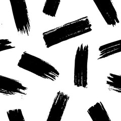 Brushstroke stripes vector seamless pattern. Dry ink shapes on white background. Black paint smears grunge texture. Brush strokes minimalistic decorative backdrop. Wrapping paper, textile design