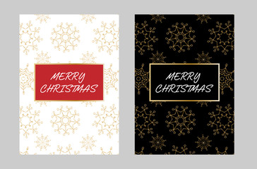 Elegant Christmas celebration cards with gold snowflakes on the white and black backgrounds. Winter festive posters, banners, postcards. A4 / A5 standard scaled size. Vector illustration