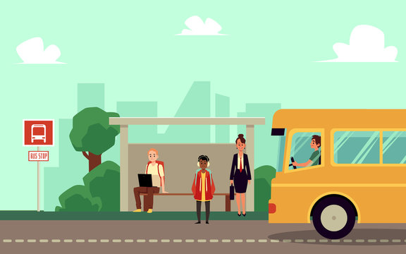 Teacher and pupils characters wait school bus at stop, flat vector illustration.