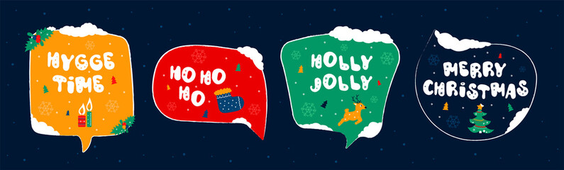 Set of winter holiday speech bubbles with a wish - part 2. Christmas and New year stickers with a wish. Doodle holiday card collection