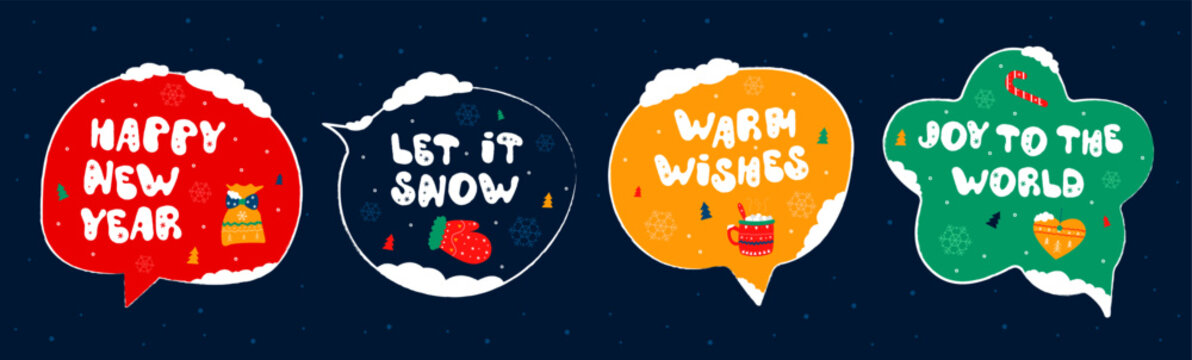 Set of winter holiday speech bubbles with a wish - part 1. Christmas and New year stickers with a wish. Doodle holiday card collection