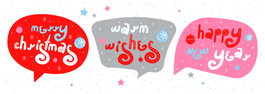 Winter holiday speech bubbles set. Christmas and New year stickers with a wish. Doodle holiday card collection