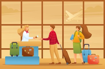 Passengers are checked in for a flight, vacation, flight to another country. Flat 2D character. Illustration concept for animation and web design
