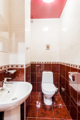 Russia, Omsk- August 02, 2019: interior room apartment. standard repair decoration in hostel. bathroom, sink, decoration elements, toilet