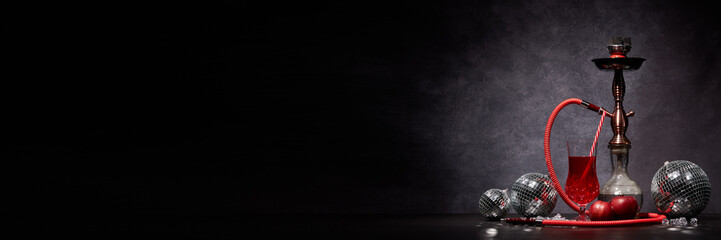 Hookah (Shisha) and cocktail. New Year and Christmas. Extra wide panorama banner background