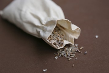 Handmade cloth bag and lavender seeds with bath salt