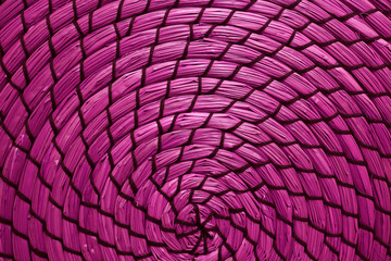 Top view of magenta colored woven water hyacinth place mat's artistic pattern