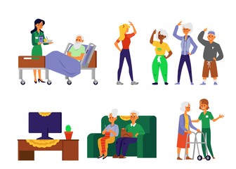 Fototapeta na wymiar Elderly people in nursing home care - cartoon set of old men and women leisure time