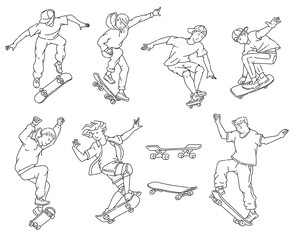 Teenage boys doing skateboard tricks - black and white line art drawing set.