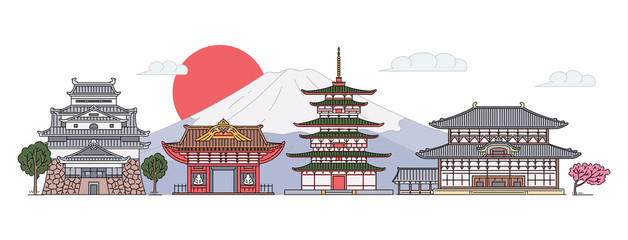 Ancient Japan architecture landscape - flat banner with Japanese pagoda temples - obrazy, fototapety, plakaty