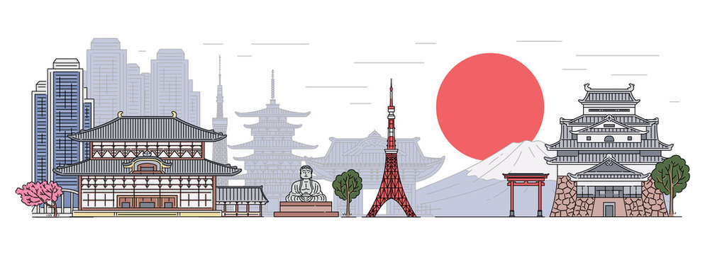 Japanese landscape banner with buildings sketch vector illustration isolated.