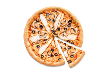 Delicious pizza with chicken fillet, champignon mushrooms, olives, mozzarella and tomato sauce,...