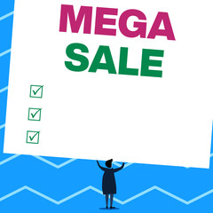Handwriting text writing Mega Sale. Conceptual photo The day full of special shopping deals and heavy discounts Man stands in back view under huge empty blank big tilted rectangle board