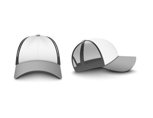 Gray and white trucker cap set of realistic vector illustrations mockup isolated.