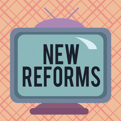 Handwriting text writing New Reforms. Conceptual photo to amend or improve by change of form or removal of faults Square rectangle old multicoloured painting television picture wood design