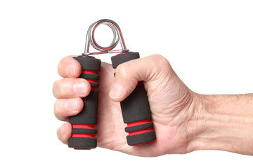 man's hand holding a gymn hand gripper  with clipping path and copy space for your text