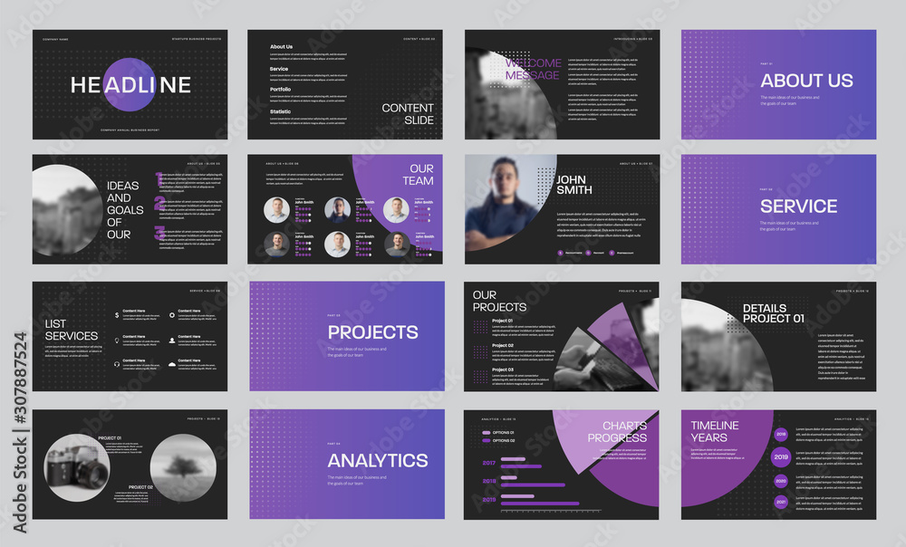 Poster Set of black vector slide templates with gradient purple circles and photos, for annual report and presentation of web slides for marketing