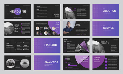 Set of black vector slide templates with gradient purple circles and photos, for annual report and presentation of web slides for marketing