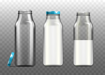 Glass milk unlabeled bottles set realistic vector illustration mockup isolated.