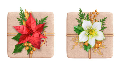 set of Christmas gift boxes decorated with red poinsettia flowers, white hellebore, thuja branch, bells, gold decor, 3D rendering, Happy New Year, isolated on white background,