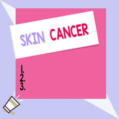 Text sign showing Skin Cancer. Business photo text uncontrolled growth of abnormal skin cells due to sun exposure Speaking trumpet on left bottom and paper attached to rectangle background