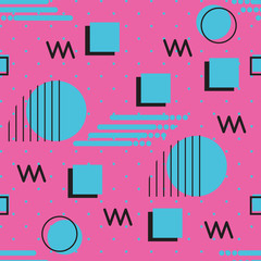 Memphis style repeat seamless pattern of geometric shapes blue with pink background.
