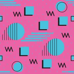 Wall murals Memphis style Memphis style repeat seamless pattern of geometric shapes blue with pink background.