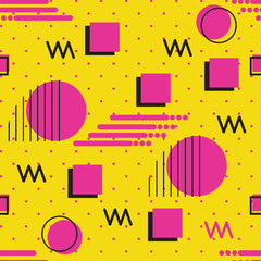 Memphis style repeat seamless pattern of geometric shapes pink with yellow background.