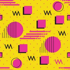 Wall murals Memphis style Memphis style repeat seamless pattern of geometric shapes pink with yellow background.