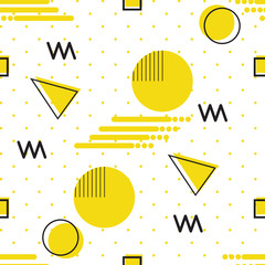 Memphis style repeat seamless pattern of geometric shapes circles triangles lines yellow on white background.