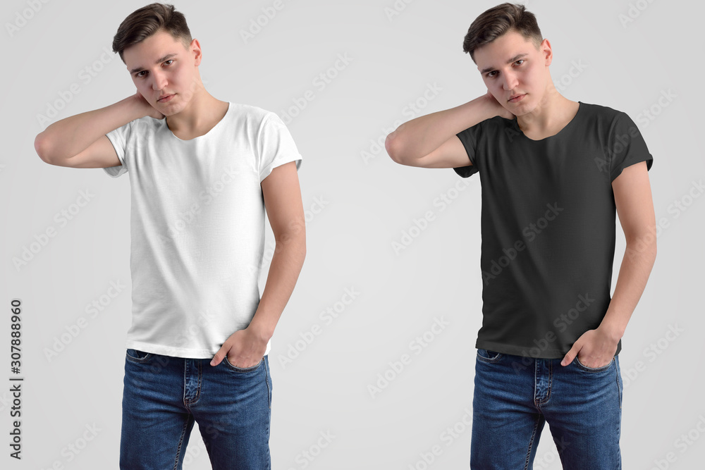 Poster template of white and black men's t-shirts on a guy. - Posters