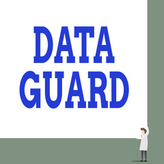 Text sign showing Data Guard. Business photo showcasing analysisage databases to survive disasters and data corruptions Front view young woman holding two hands right corner big blank rectangle