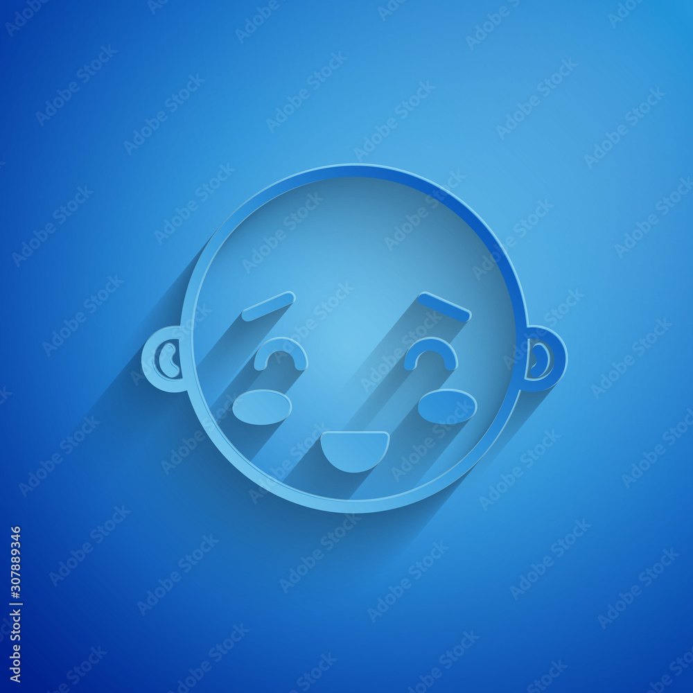 Sticker Paper cut Happy little boy head icon isolated on blue background. Face of baby boy. Paper art style. Vector Illustration