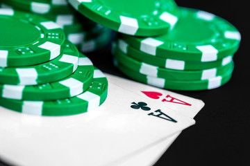 Poker chips and cards close up