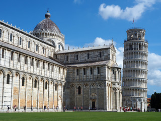 View of the Pisa Cathedral (Duomo di Pisa) and the Leaning Tower of Pisa (Torre pendente di Pisa)...