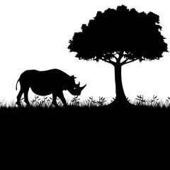Rhinoceros in nature. Illustration of silhouettes of rhinos in nature as a symbol of the protection of endangered species of animals.