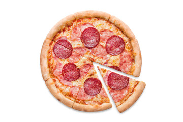 Delicious pizza with salami, ham, mozzarella and tomato sauce, isolated on white background