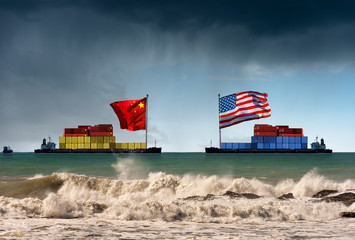 USA and China trade war concept. Two cargo container ships with the chinese and United states of...