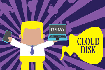 Text sign showing Cloud Disk. Business photo showcasing web base service that provides storage space on a remote server Standing professional man tie holding left open laptop right mobile phone