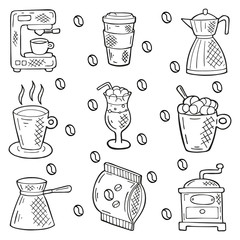 Hand drawn coffee set. In doodle style, black outline isolated on a white background. Cute elements for card, social media banner, sticker, menu, design. Vector illustration