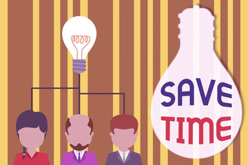 Handwriting text Save Time. Conceptual photo to do something more efficiently such that less time is required Group three executive persons sharing idea icon. Startup team meeting