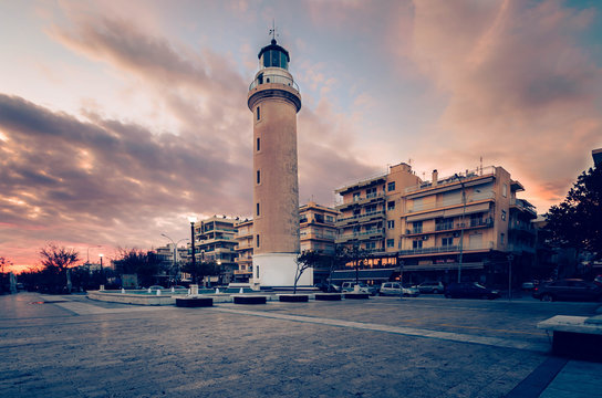 View of the lighthouse of Alexandroupolis at sunset time.