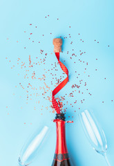 champagne for the holiday. view from above. blue background