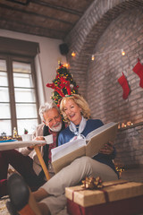 Senior couple looking through old photo albums on Christmas day
