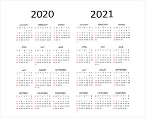Calendar 2020, 2021, 2022, vector illustration. Week starts on Sunday.
