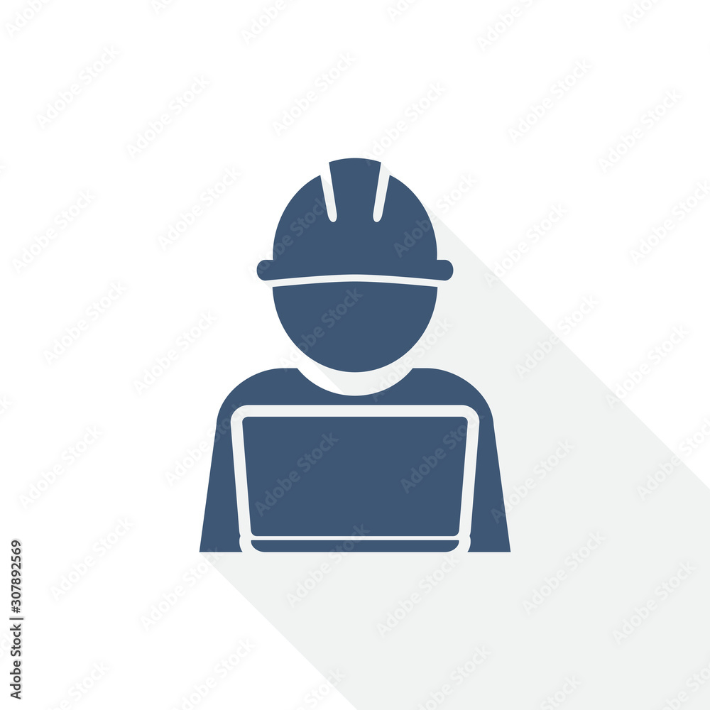 Poster engineer with laptop icon, worker, manager concept flat design vector illustration in eps 10 with empty copy space