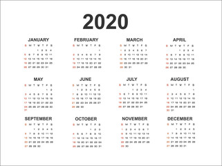 Calendar 2020. Colorful. Week starts on Sunday.