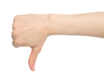 Woman hand, dislike on white background